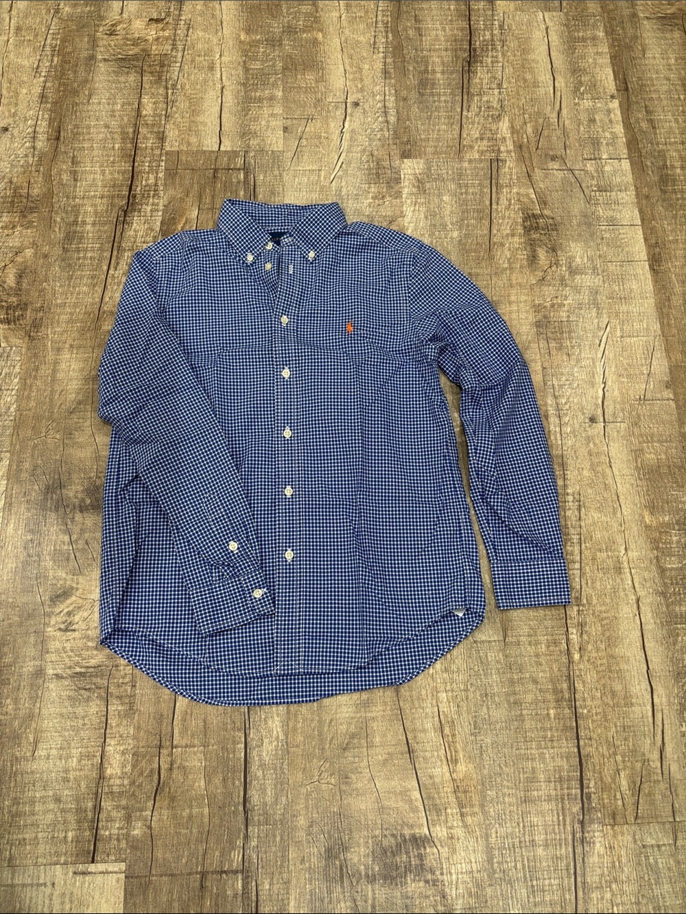 Polo by Ralph Lauren Blue Gingham Button-Down Shirt with Orange Pony - Picture 2 of 9
